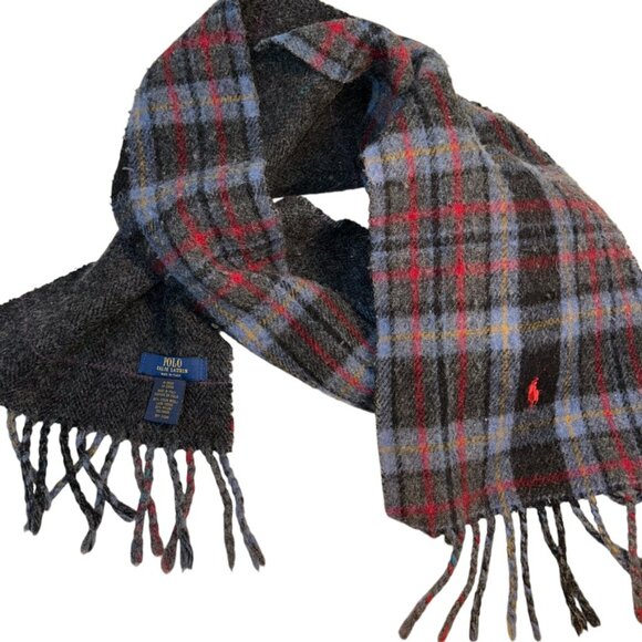 polo ralph lauren gray red black plaid wool blend classic reversible sca… - Picture 3 of 5